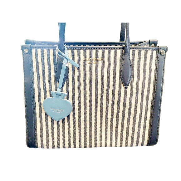 Kate Spade Market Stripe Navy Blue/ Beige Canvas Shoulder Tote Handbag Purse - Picture 2 of 9